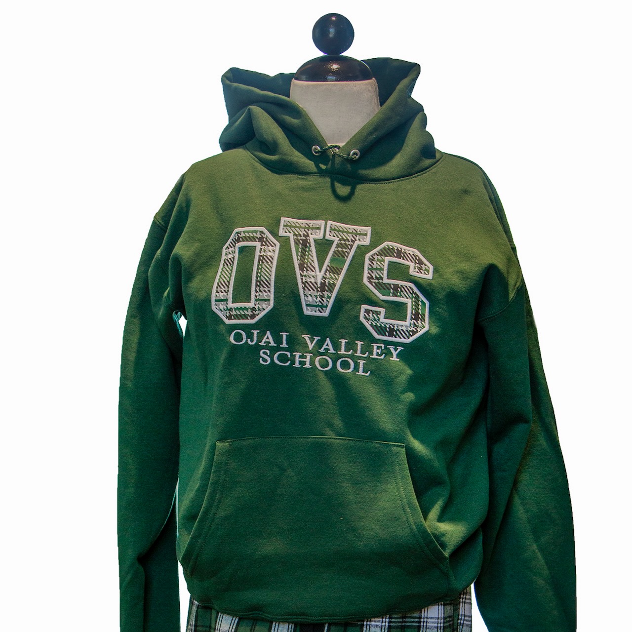 Green OVS Pullover Hoodie with Plaid Letters